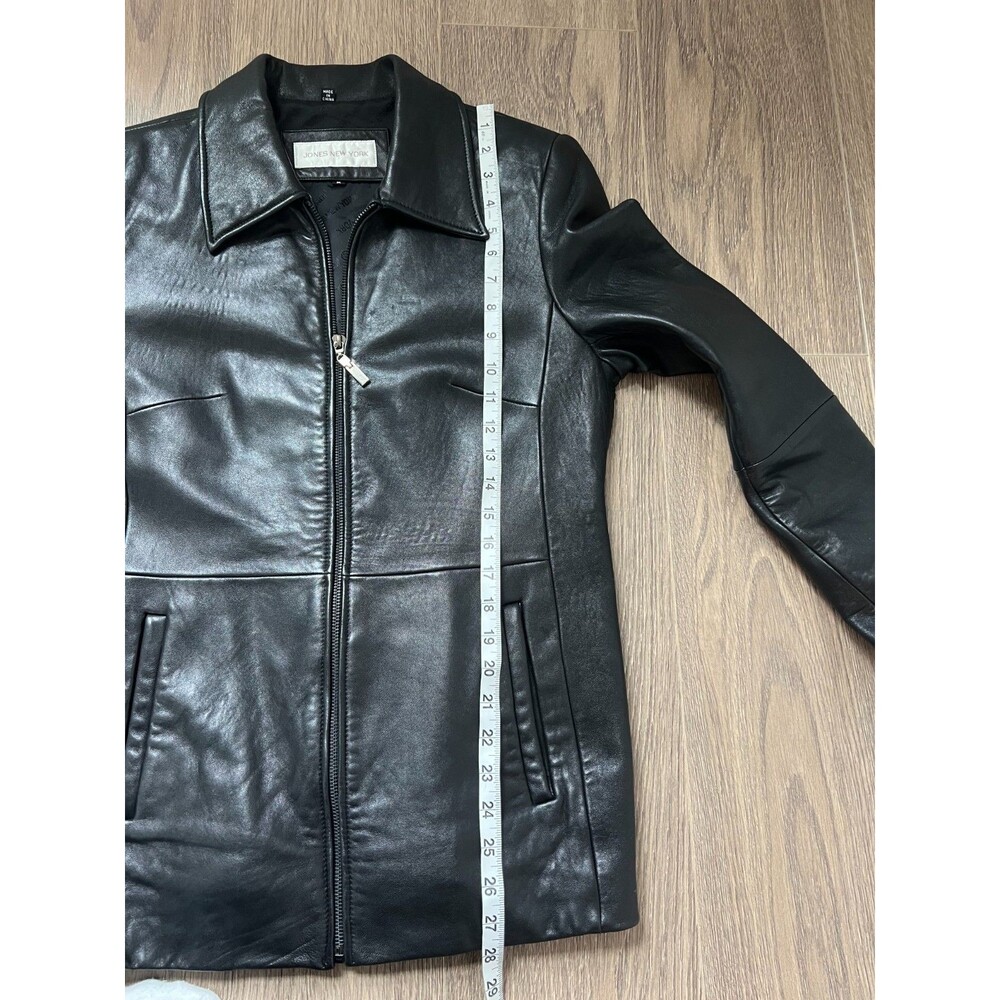 Jones New York Jacket Womens Medium Black Genuine Leather Zip Front Collared Vtg - Picture 6 of 16